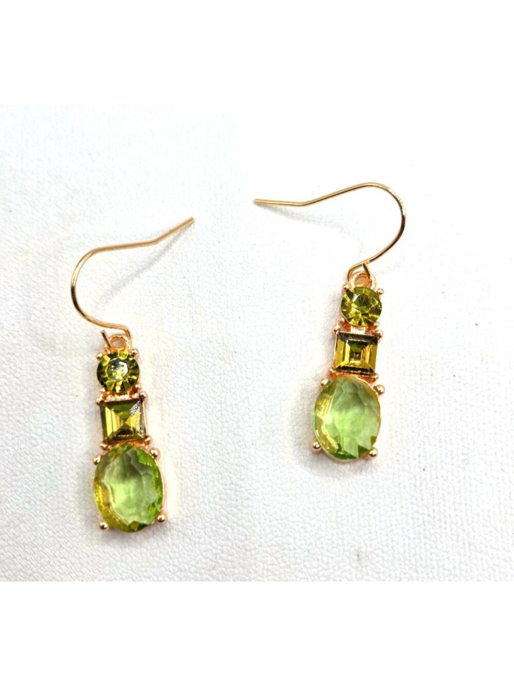 Gold Tone Dangle Earrings With Green Gemstones Oval & Square-Cut Design